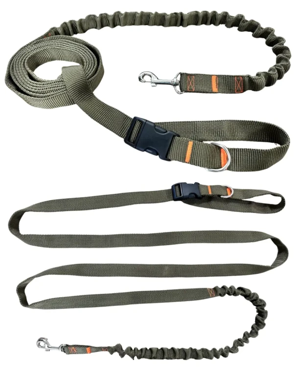 Smycz dla Psa z Amortyzatorem 380cm KHAKI Regulowana HandsFree Made in Poland