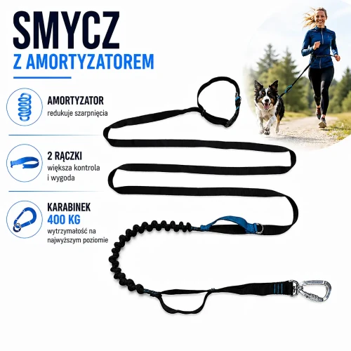 Regulowana Smycz dla psa z amortyzatorem 2 rączki Czarna karabinek 400 kg treningowa